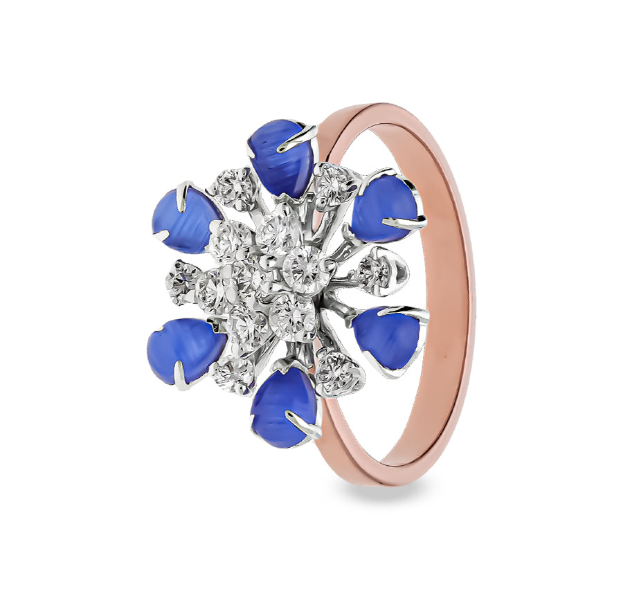 Blue Pear Shape Stone Round Natural Diamond With Prong Set Rose Gold Cocktail Ring