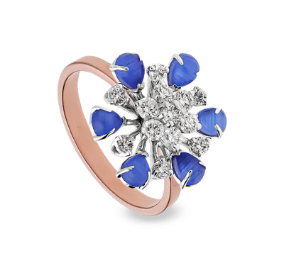 Blue Pear Shape Stone Round Natural Diamond With Prong Set Rose Gold Cocktail Ring