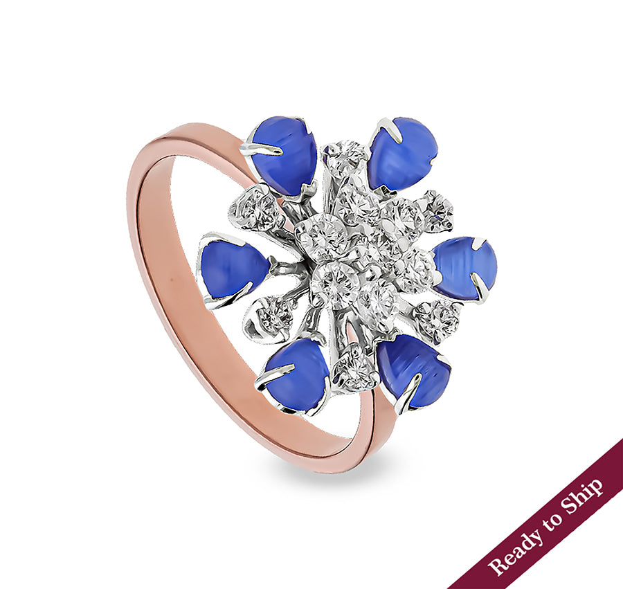 Blue Pear Shape Stone Round Natural Diamond With Prong Set Rose Gold Cocktail Ring