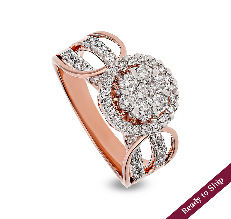 Circle Shape Round Natural Diamond With Prong Set Rose Gold Halo Ring