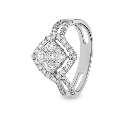 Rhombus Shaped Round Diamond With Prong Set halo Ring