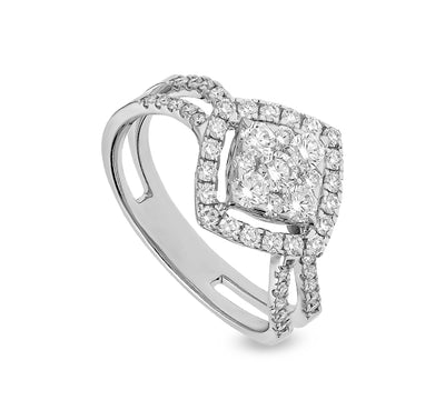 Rhombus Shaped Round Diamond With Prong Set halo Ring