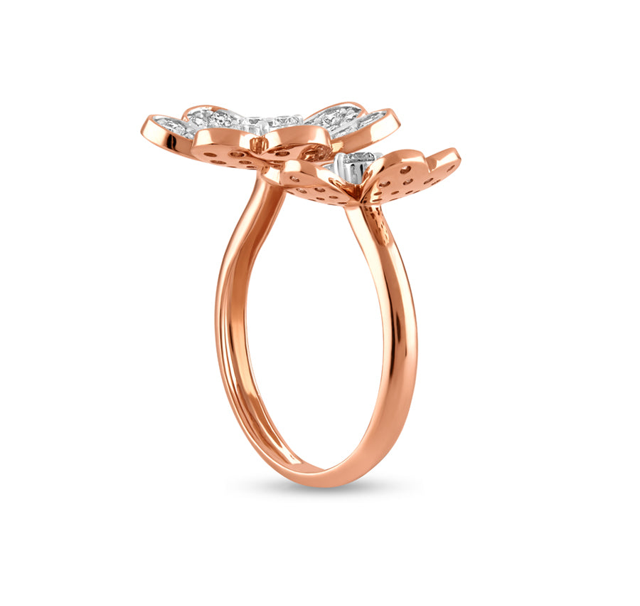 Dual Flower Round Natural Diamond With Prong Set Rose Gold Engagement Ring