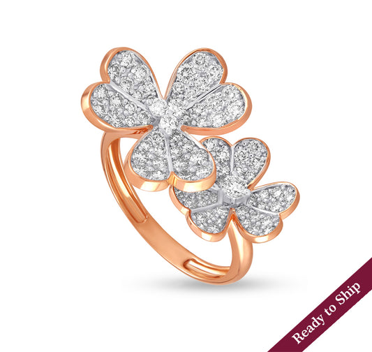 Dual Flower Round Natural Diamond With Prong Set Rose Gold Engagement Ring