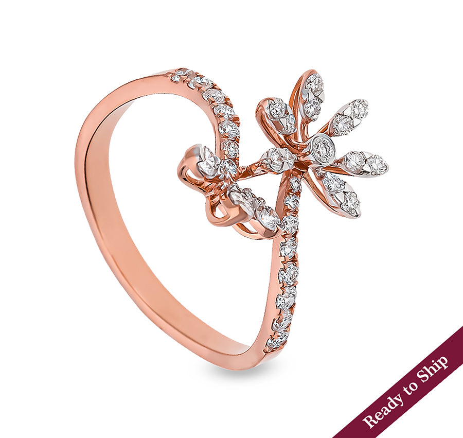 Flower Shape Round Natural Diamond With Straight Shank Rose Gold Cocktail Ring