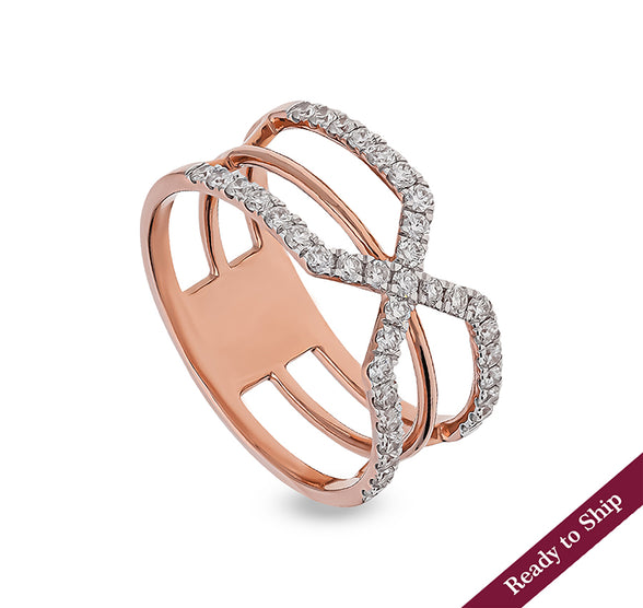 'X' Shape Round Natural Diamond With Prong Set Rose Gold Casual Ring