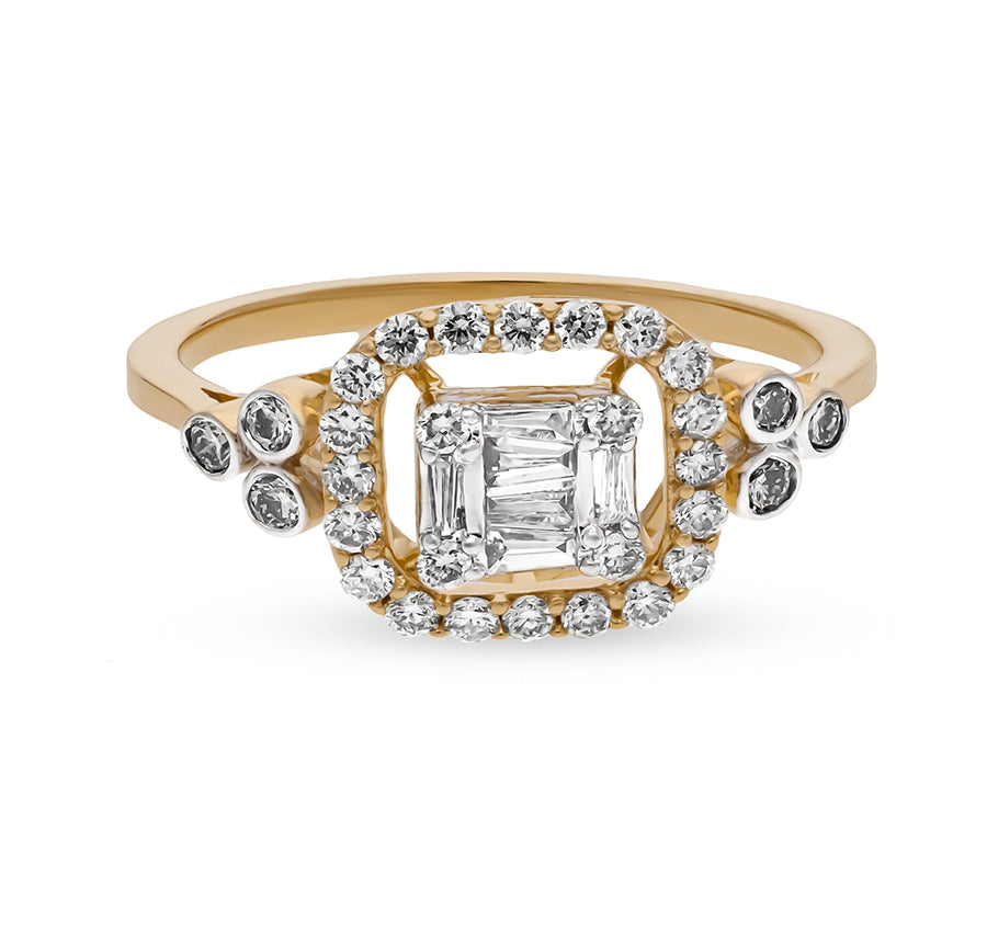 Cushion Shape Round Natural and Baguette Cut Diamond With Prong And Bezel Set Yellow Gold Casual Ring