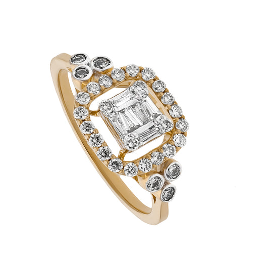 Cushion Shape Round Natural and Baguette Cut Diamond With Prong And Bezel Set Yellow Gold Casual Ring