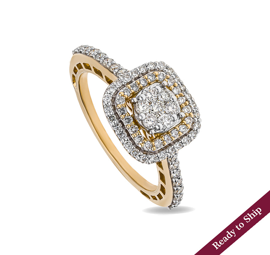 Cushion Shaped Round Diamond With Prong Set Yellow Gold Halo Ring