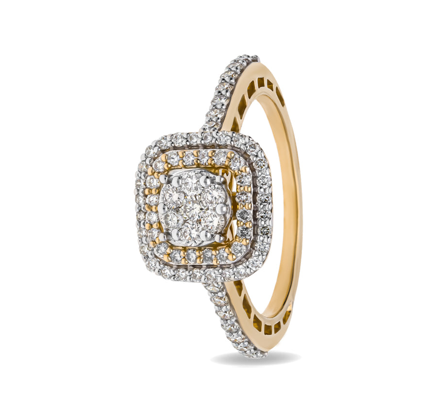Cushion Shaped Round Diamond With Prong Set Yellow Gold Halo Ring