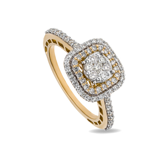 Cushion Shaped Round Diamond With Prong Set Yellow Gold Halo Ring