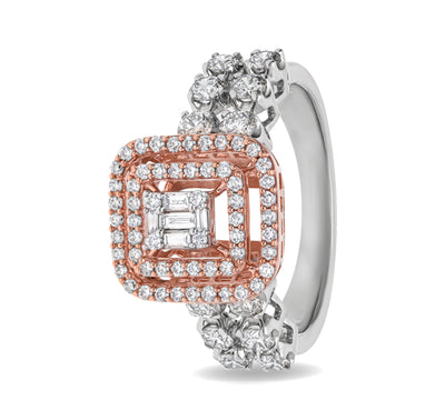 Square Shaped Round Diamond With Prong Set Dual Tone Halo Ring