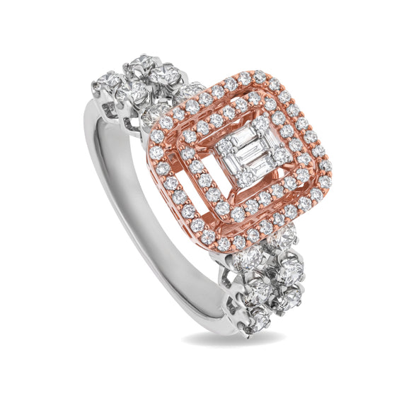 Square Shaped Round Diamond With Prong Set Dual Tone Halo Ring