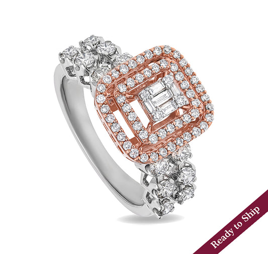 Square Shaped Round Diamond With Prong Set Dual Tone Halo Ring