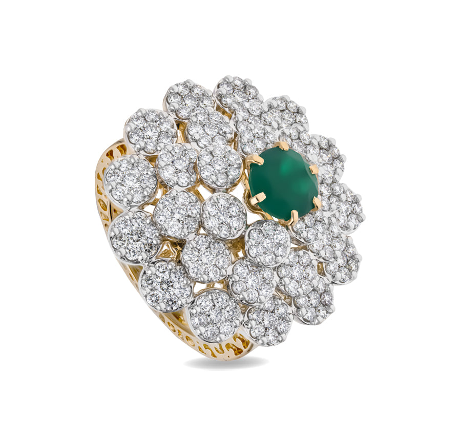 Flower Shape Round Natural Diamond With Green Stone Yellow Gold Cocktail Ring