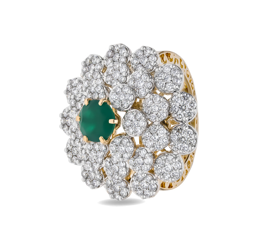 Flower Shape Round Natural Diamond With Green Stone Yellow Gold Cocktail Ring
