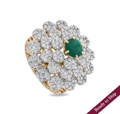 Flower Shape Round Natural Diamond With Green Stone Yellow Gold Cocktail Ring