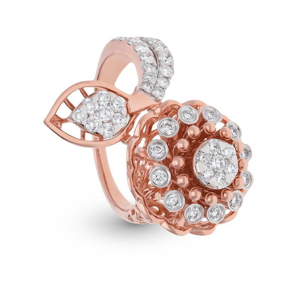 Floral  Shape Round Natural Diamond With Bypass Shank Rose Gold Cocktail Ring