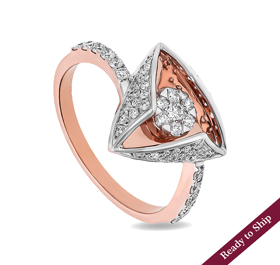 Prism Shape Round Natural Diamond With Prong & Pave Set Rose Gold Casual Ring