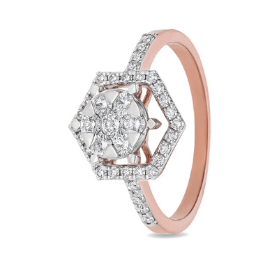 Hexagon Shaped Round Diamond With Prong Set Rose Gold Halo Ring