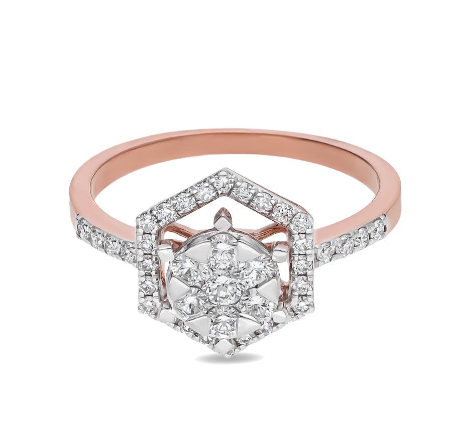 Hexagon Shaped Round Diamond With Prong Set Rose Gold Halo Ring