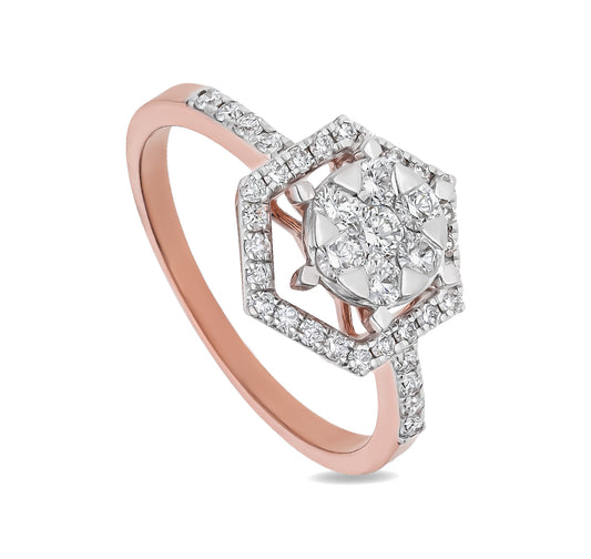 Hexagon Shaped Round Diamond With Prong Set Rose Gold Halo Ring