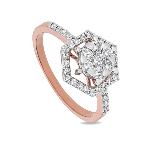 Hexagon Shaped Round Diamond With Prong Set Rose Gold Halo Ring