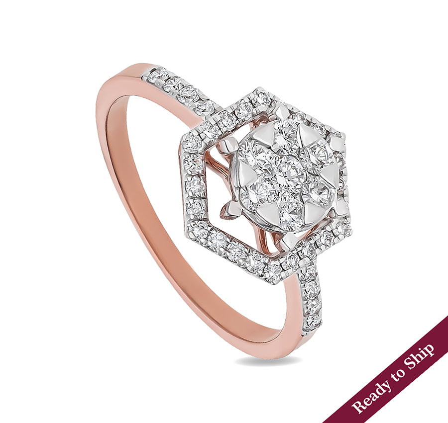 Hexagon Shaped Round Diamond With Prong Set Rose Gold Halo Ring