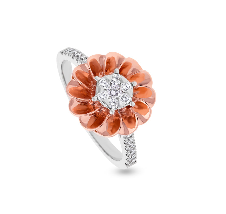 Flower Shape Round Natural Diamond With Prong and Pressure Set White Gold Cocktail Ring
