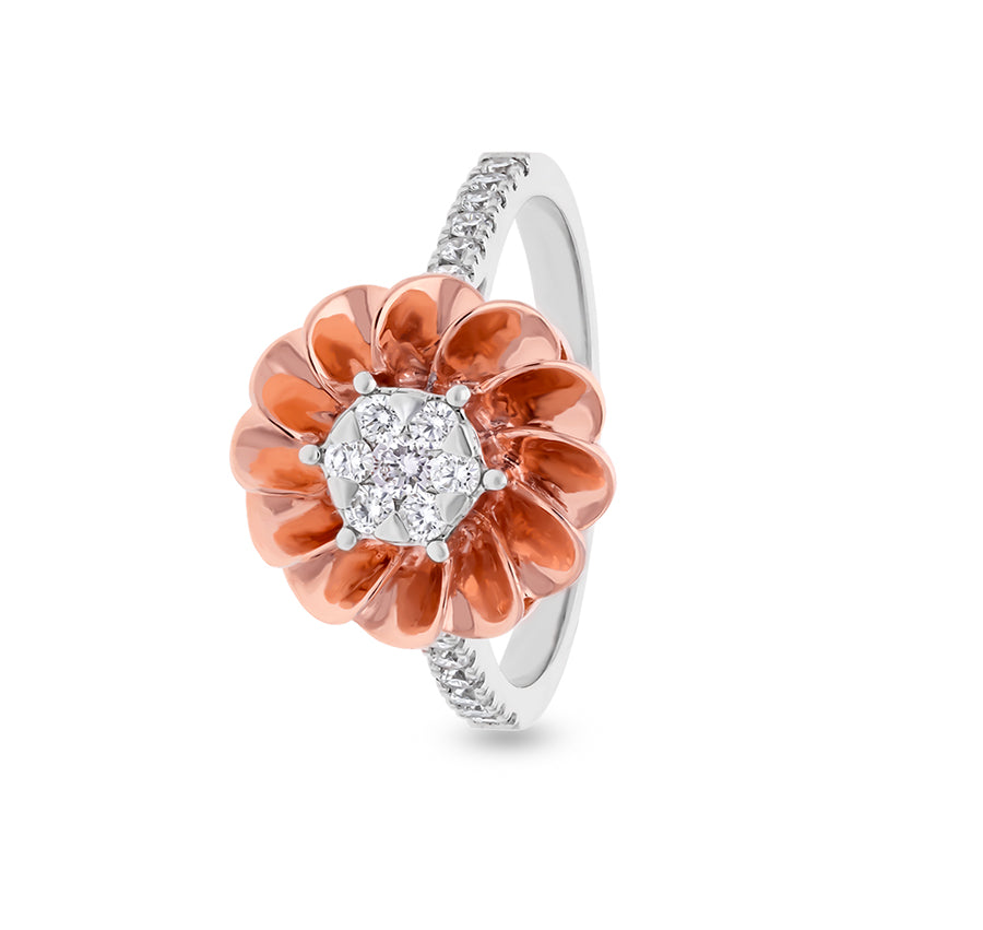 Flower Shape Round Natural Diamond With Prong and Pressure Set White Gold Cocktail Ring