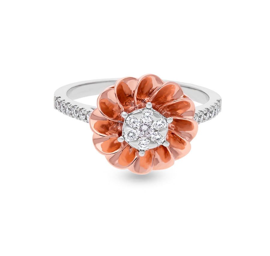 Flower Shape Round Natural Diamond With Prong and Pressure Set White Gold Cocktail Ring