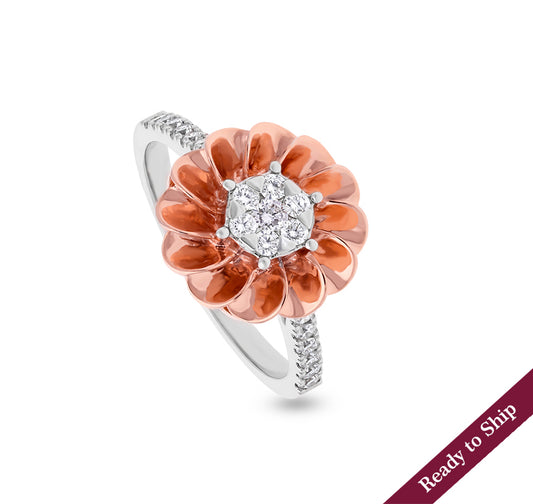 Flower Shape Round Natural Diamond With Prong and Pressure Set White Gold Cocktail Ring