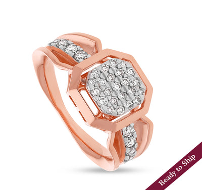 Octagon Shape Round Natural Diamond With Prong and Pressure Set Rose Gold Casual Ring