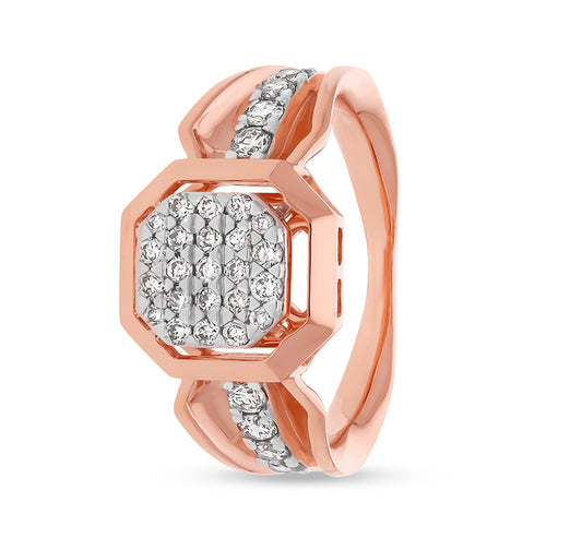 Octagon Shape Round Natural Diamond With Prong and Pressure Set Rose Gold Casual Ring