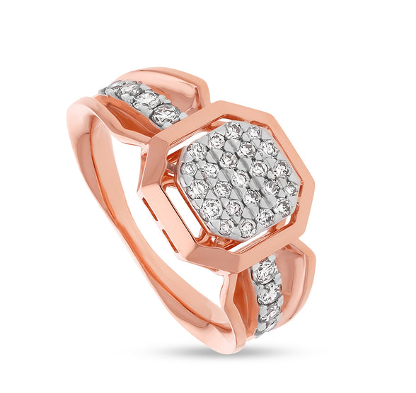 Octagon Shape Round Natural Diamond With Prong and Pressure Set Rose Gold Casual Ring