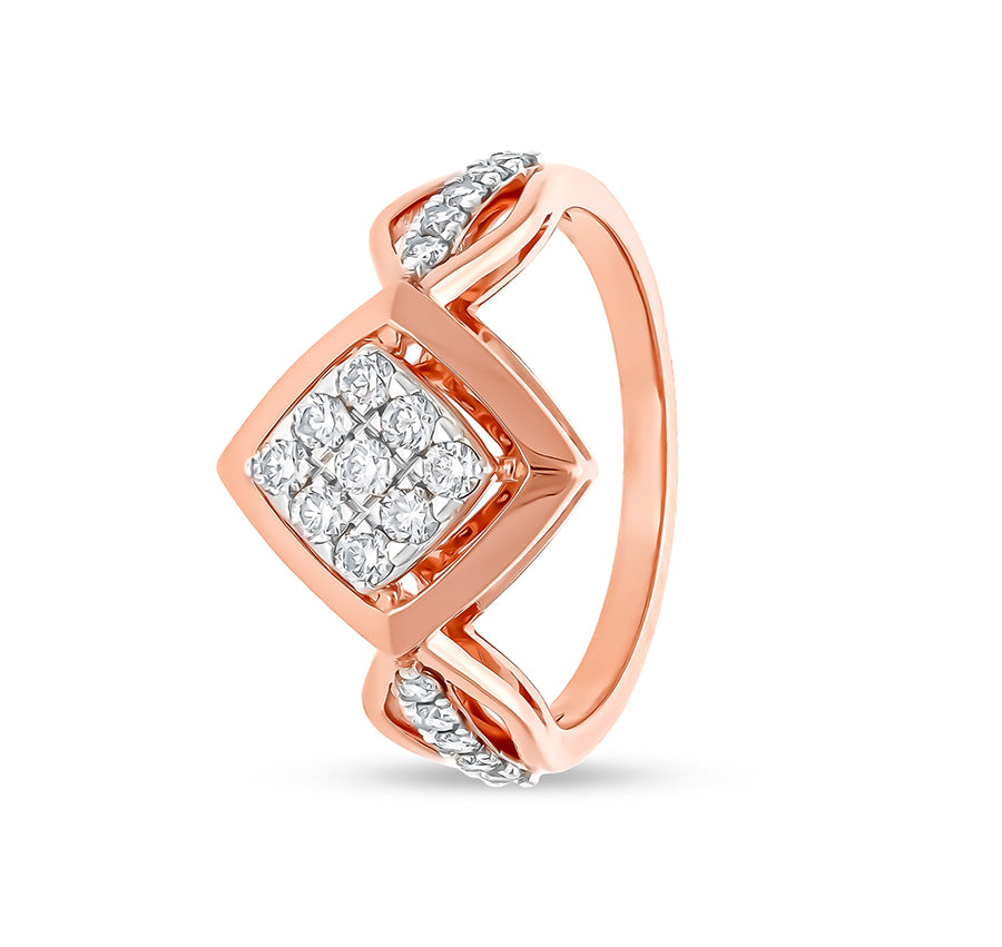 Rhombus Shape Round Natural Diamond With Prong Set Rose Gold Casual Ring