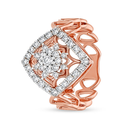 Rhombus Shape Round Natural Diamond With Prong Set Rose Gold Casual Ring