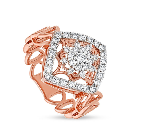 Rhombus Shape Round Natural Diamond With Prong Set Rose Gold Casual Ring