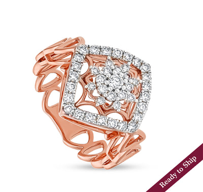 Rhombus Shape Round Natural Diamond With Prong Set Rose Gold Casual Ring