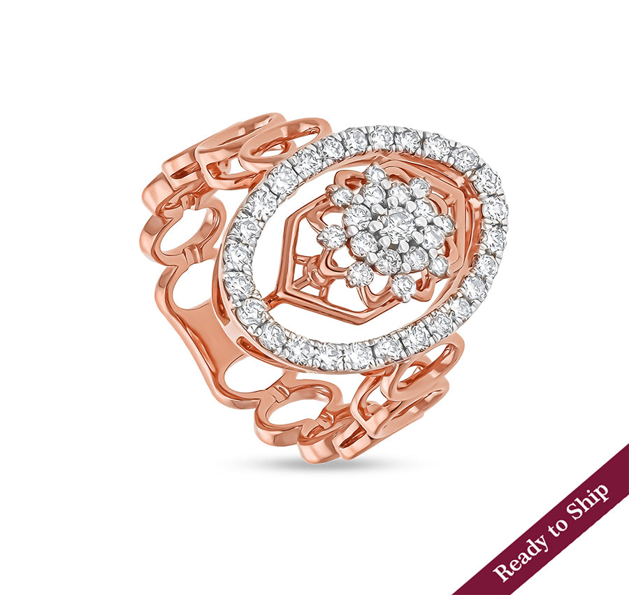 Oval Shape Round Natural Diamond With Prong Set Rose Gold Cocktail Ring