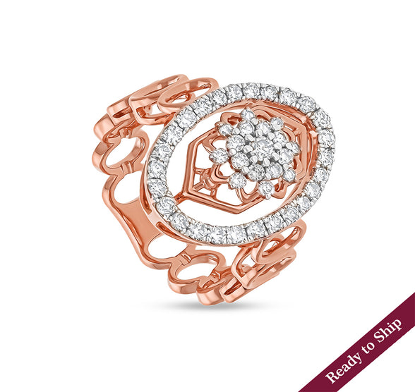 Oval Shape Round Natural Diamond With Prong Set Rose Gold Cocktail Ring