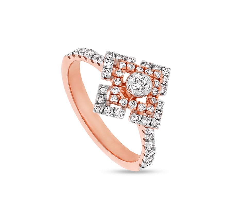 Rhombus Shape Round Natural Diamond With Straight Shank Rose Gold Casual Ring