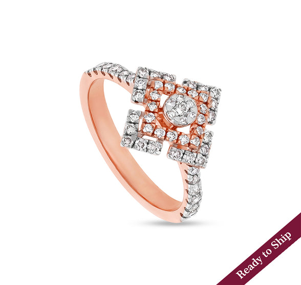 Rhombus Shape Round Natural Diamond With Straight Shank Rose Gold Casual Ring