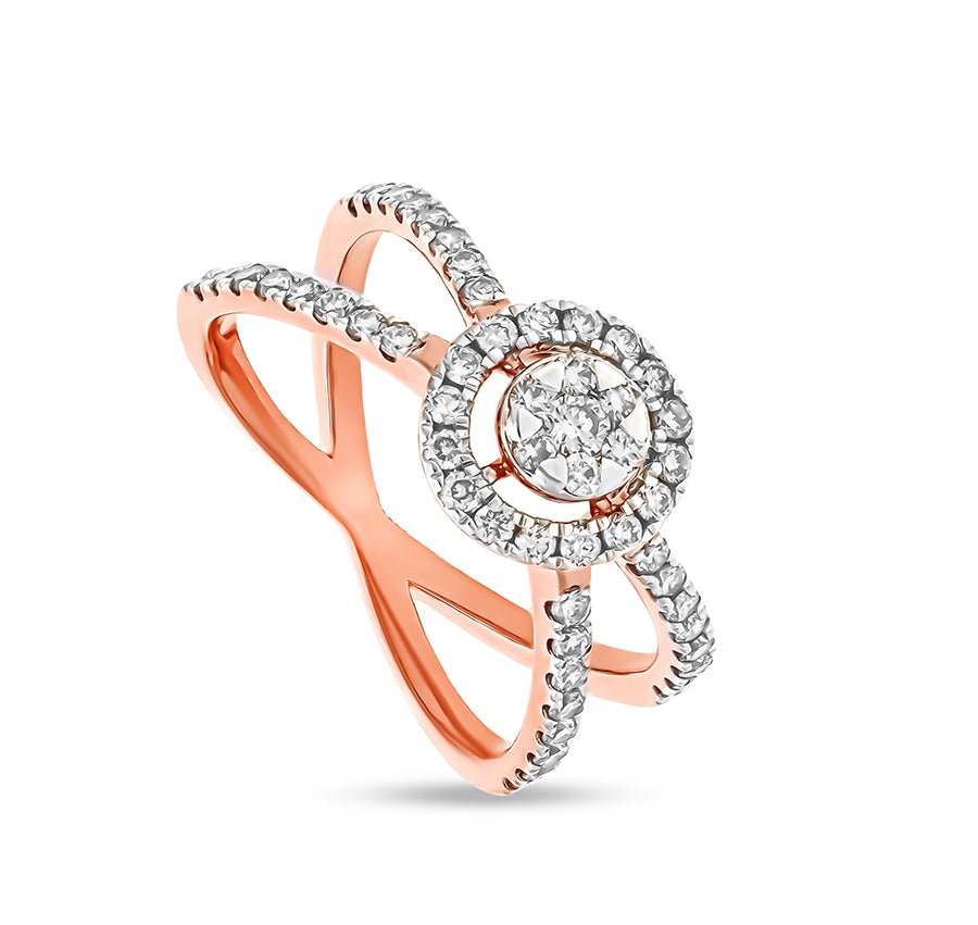 Crisscross Shape Round Natural Diamond and Center Round Pressure Set Rose Gold Casual Ring