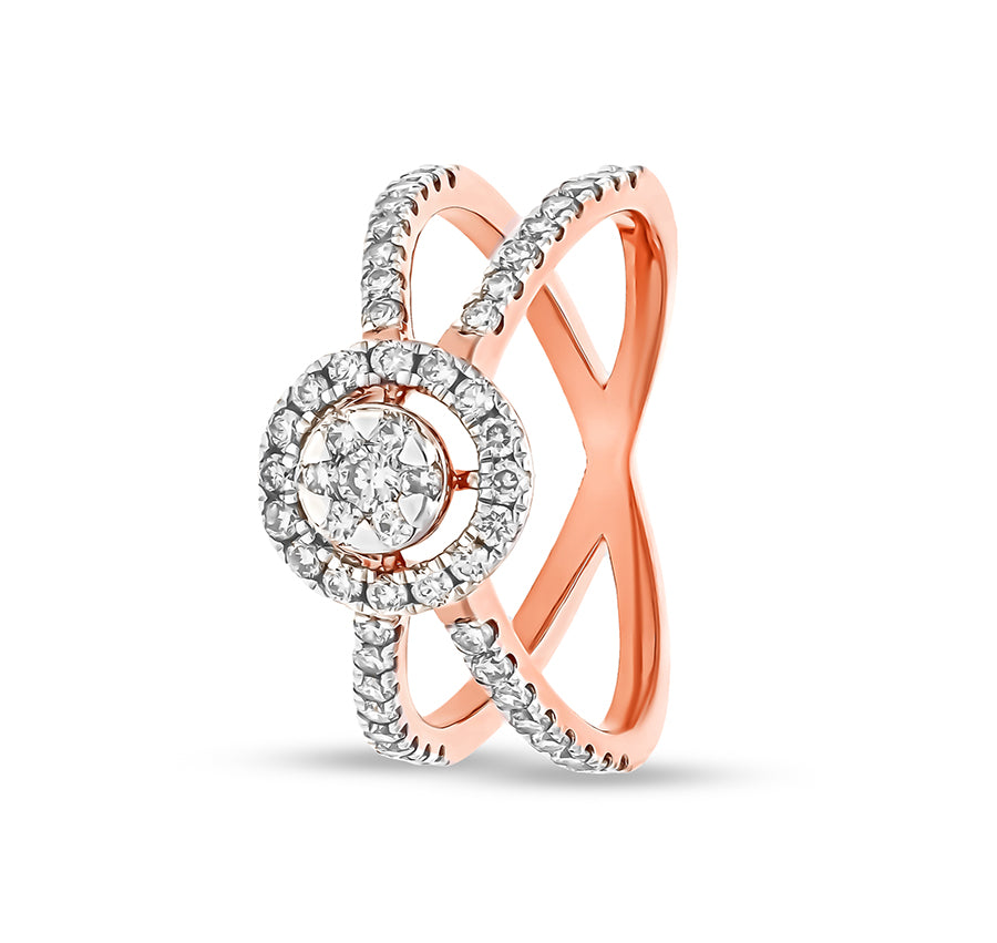 Crisscross Shape Round Natural Diamond and Center Round Pressure Set Rose Gold Casual Ring