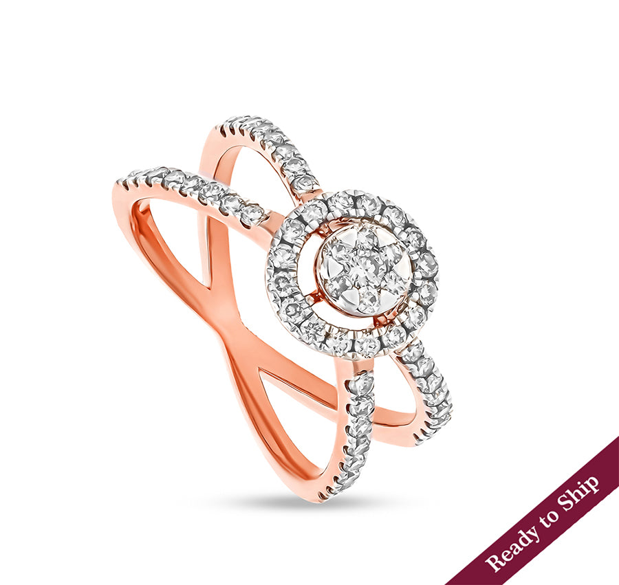 Crisscross Shape Round Natural Diamond and Center Round Pressure Set Rose Gold Casual Ring