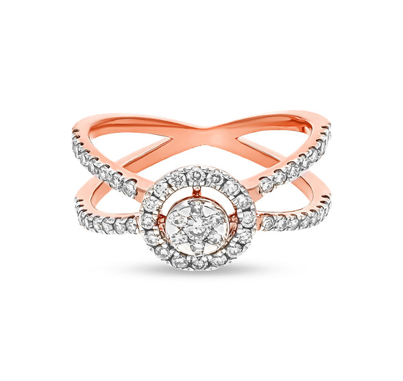 Crisscross Shape Round Natural Diamond and Center Round Pressure Set Rose Gold Casual Ring