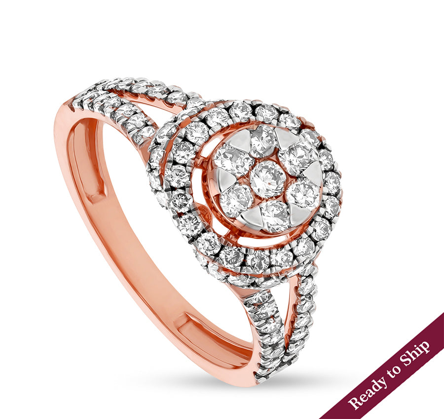 Circle Shape Round Natural Diamond With Prong Set Rose Gold Engagement Ring