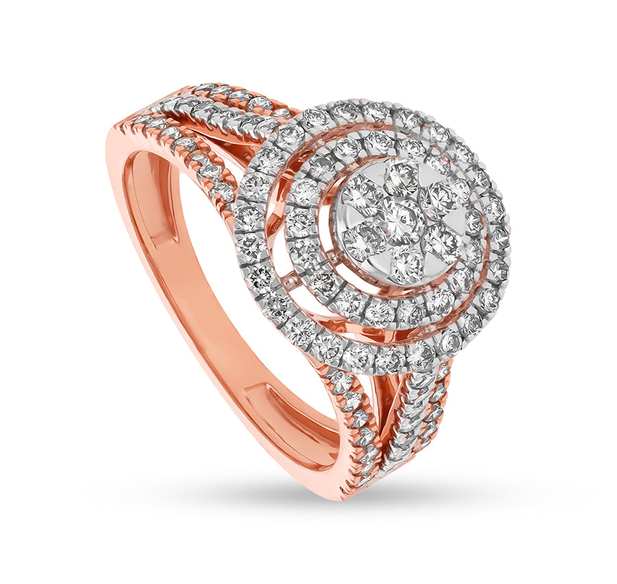 Dual Circle Shape Round Natural Diamond With Prong and Center Pressure Set Rose Gold Engagement Ring