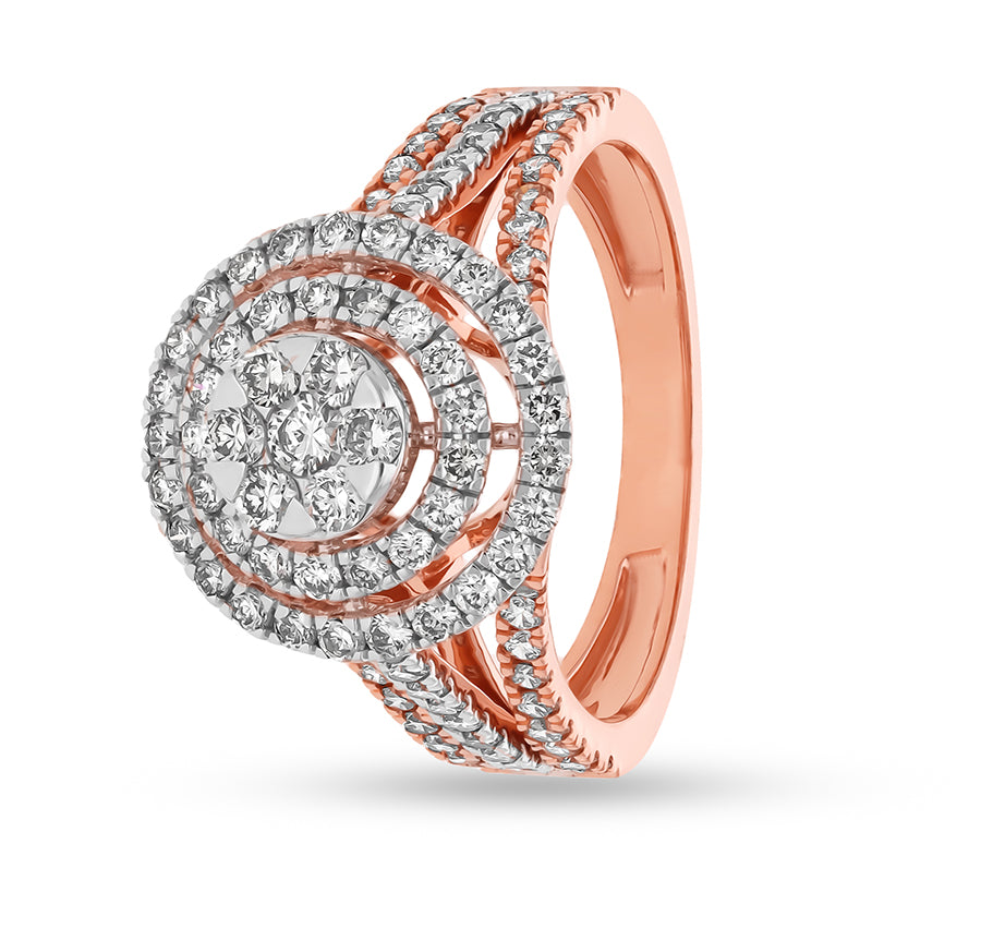 Dual Circle Shape Round Natural Diamond With Prong and Center Pressure Set Rose Gold Engagement Ring